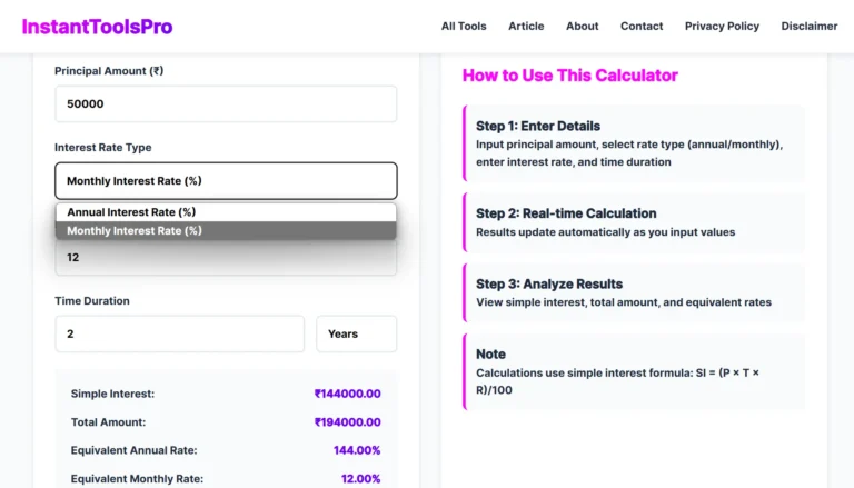 Simple Interest Calculator Online – Instantly Calculate SI with Formula & Example